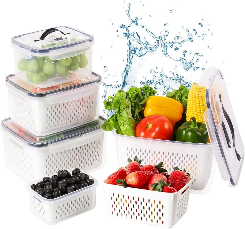 Photo 1 of LUXEAR 5PCS Fruit Storage Containers For Fridge, Produce Vegetable Saver Container with Lid Colander Vent Handle, BPA-Free Refrigerator Microwave Dishwasher Safe, Keep Fruits Veggie Food Meat Fresh 