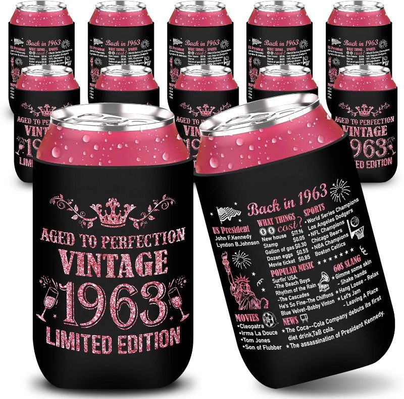 Photo 1 of 12 Pack 60th Birthday Can Cooler Sleeves Rose Gold 60th Birthday Party Favor Vintage 1963 Beverage Can Sleeves New Year Gifts for Women 60th Birthday Party Decorations Vintage 1963 Party Supplies