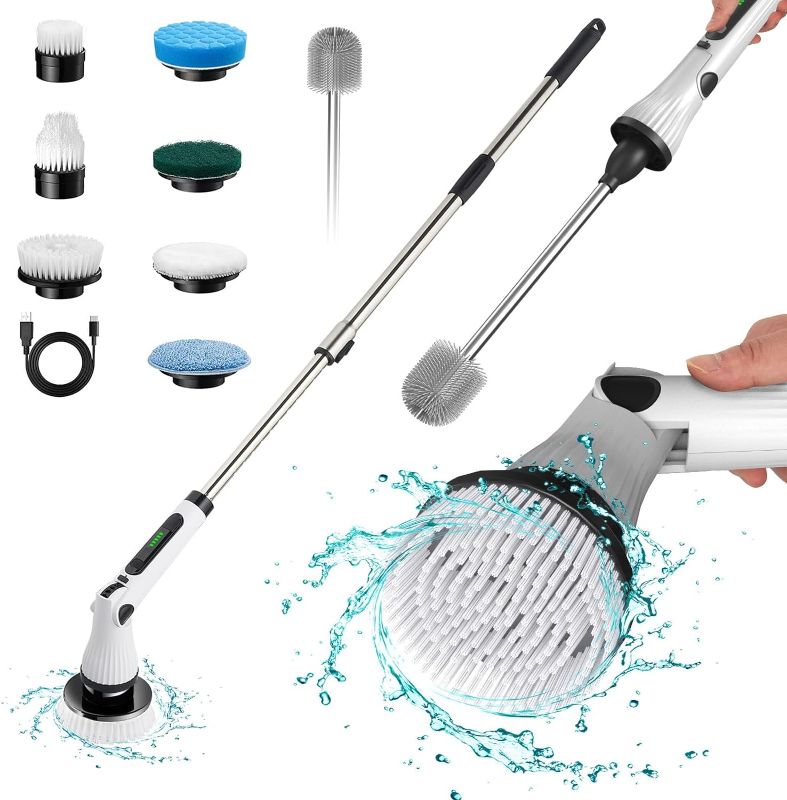 Photo 1 of Electric Spin Scrubber for Bathroom and Toilet, Cordless Bath Tub Power Scrubber with 8 Replaceable Drill Brush Heads, Shower & Toilet Cleaning Brush with Adjustable Handle (White)