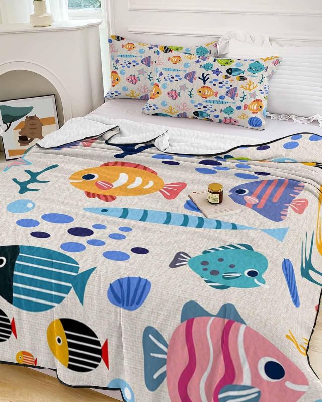 Photo 1 of Colorful Fish Cartoon Quilt Twin Bedding Set, Lightweight Summer Quilt with Pillow Shams 3 Pieces Coastal Ocean Starfish Coral Microfiber Soft Quilt Set Bedspread Coverlet for All Seasons
