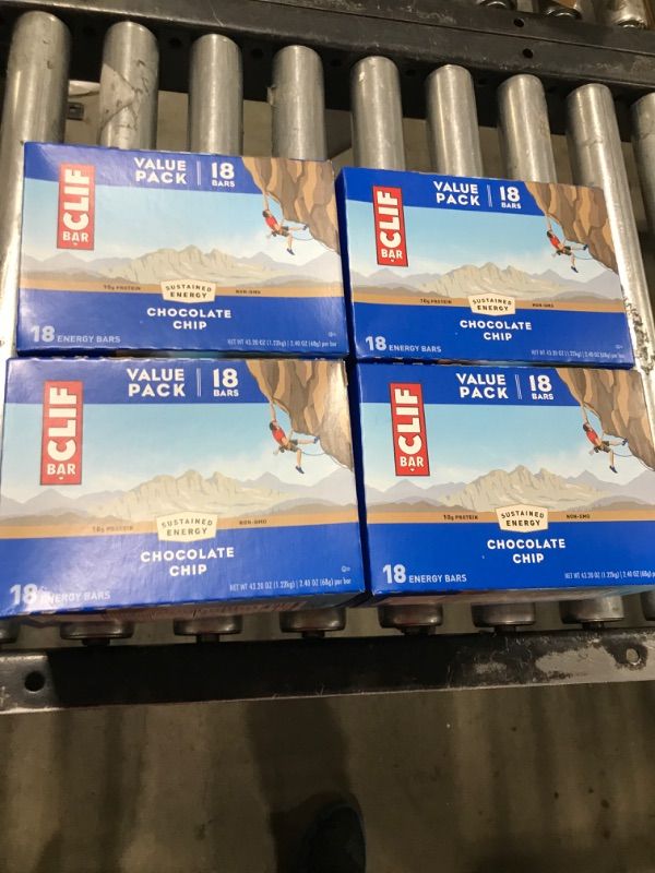 Photo 1 of  4 BOXES CLIF BAR - Chocolate Chip - Made with Organic Oats - 10g Protein - Non-GMO - Plant Based - Energy Bars - 2.4 oz.18 count (4 PACK  EXP JUNE 27 2024