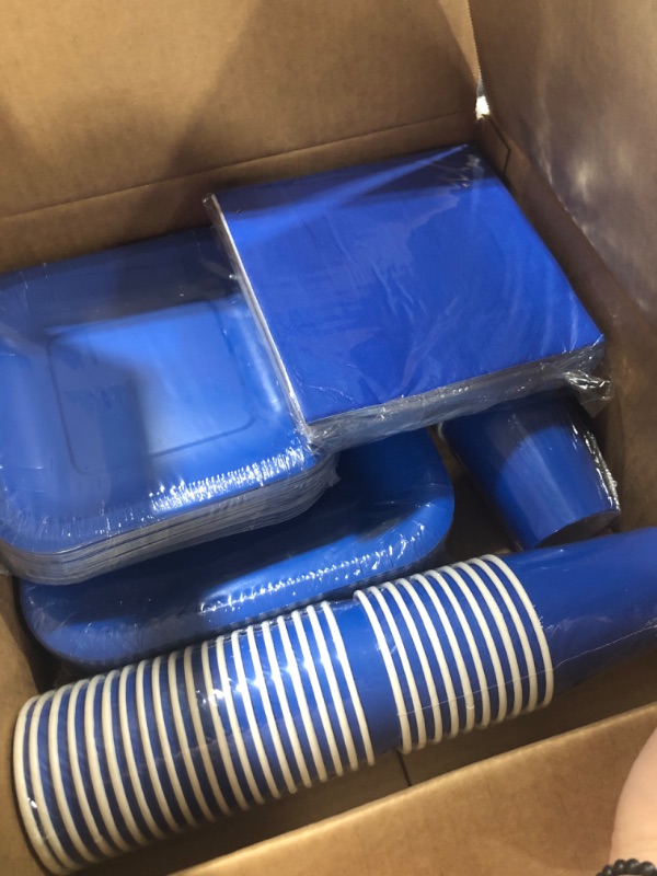 Photo 2 of Oojami Serves 50 Guest Complete Party Pack Blue Square Plates, 9" Dinner & 7" Dessert Square Paper Plates, 9 oz Cups, 3 Ply Napkins Baby Shower office Birthday festivals Blue Party