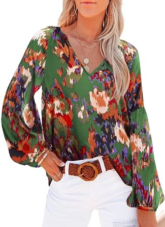 Photo 1 of SHEWIN Women's Casual Boho Floral Print V Neck Long Sleeve Loose Blouses Shirts Tops Size M