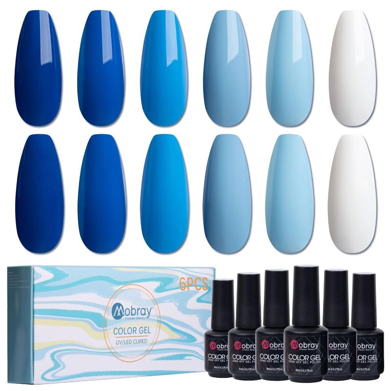 Photo 1 of Mobray Gel Nail Polish Set-6 Colors White Royal & Baby Blue Navy & Lake Blue Gel Polish,Sea and Sky Tones Nail Gel Polish Kit,Soak Off U V LED nail gel polish,Nail Art Design Gift for Women