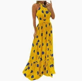 Photo 1 of Women Maxi Long Dress Tropical Print Halter Neck Backless Sundress Sleeveless Holiday Party Sexy Beach Dresses Vestidos X-Large Yellow