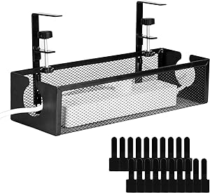 Photo 1 of Baskiss Under Desk Cable Management Tray No Drill, 13.6" Metal Mesh Cable Management Basket Under Desk with Clamp Mount, Desk Wire Management and Cord Organizer for Home Office Standing Desk 