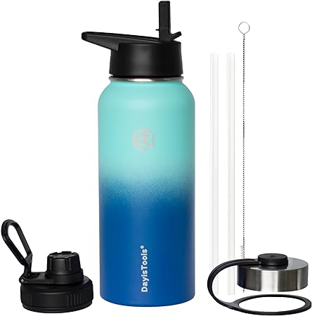 Photo 1 of 32 oz Insulated Water Bottle with Straw & 3 Lids, 32oz Stainless Steel Thermo Mug, Metal Canteen, BPA Free Double Wall Vacuum Insulated Water Flask for Travel, Sports, Gym