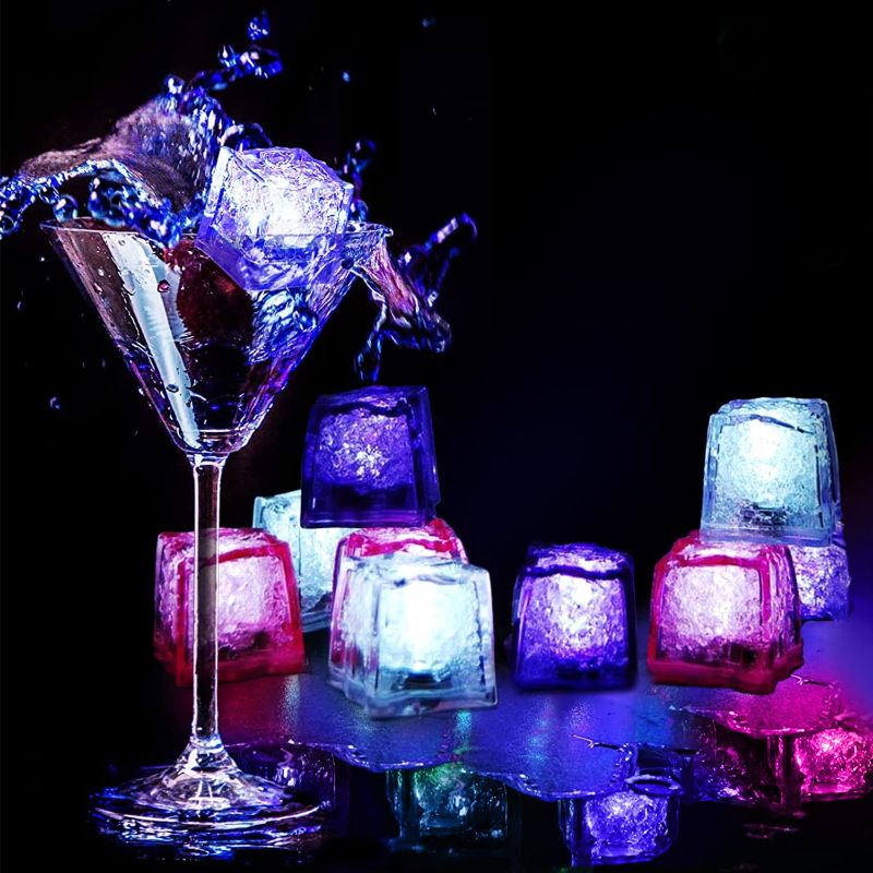 Photo 1 of Ice Cubes, 24 Pack Multi Color Led Ice Cubes for Drinks Glow in the Dark Ice Cubes, Reusable Glowing Flashing Ice Cube for Club Bar Party Wedding Decor, IP67 Waterproof ICE CUBE-24 PCS