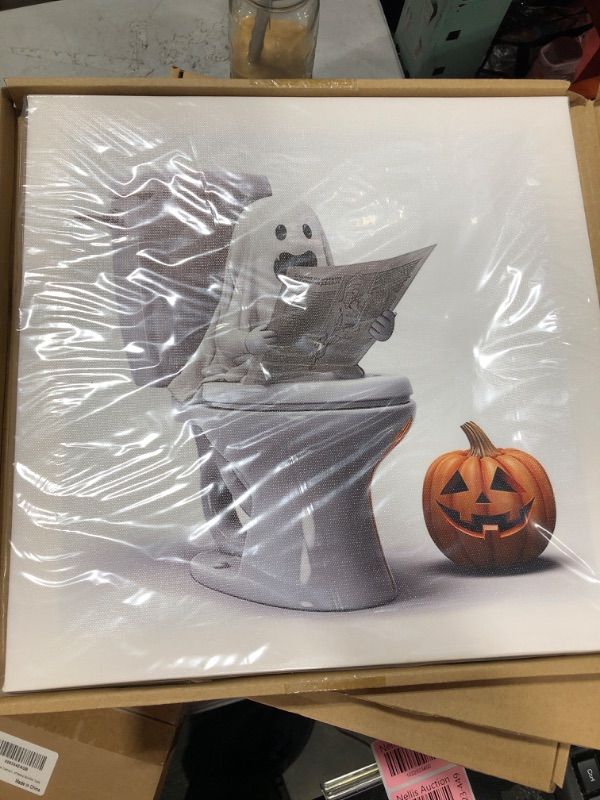 Photo 1 of Cute Ghost Canvas Wall Art/Hallowmas Wall Decoration/Lovely White Ghost Reading newspapers On the toilet/Yellow Pumpkin Framed Canvas Painting/Wall Pcitures for All Saints' Day 12x12 inches