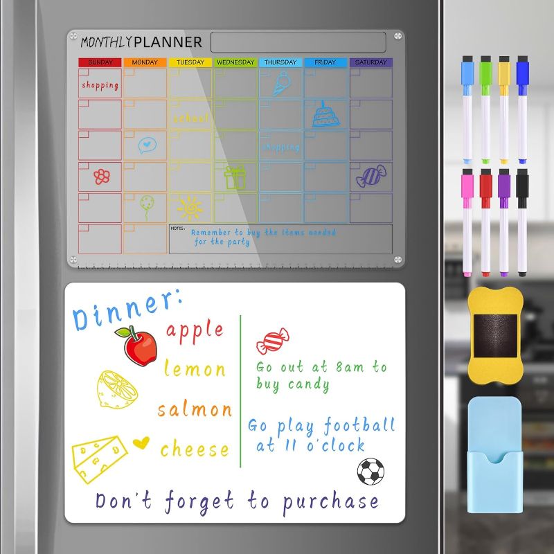 Photo 1 of Temiary Colored Acrylic Dry Erase Boards for Fridge, Magnetic Erasable Calendar for Refrigerator, Clear & Reusable Planner Board Monthly, Includes 8 Markers, Magnetic Pen Holder and Eraser