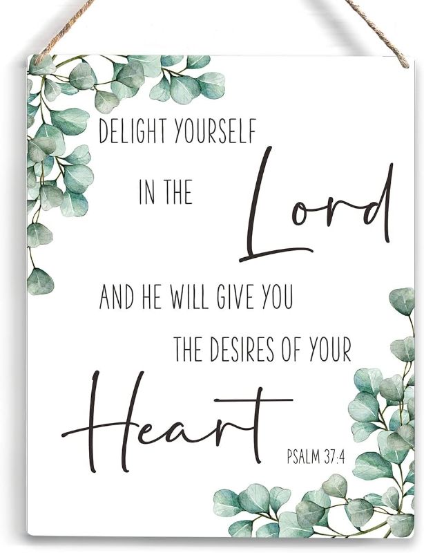 Photo 1 of Inspirational Delight Yourself in the Lord Bible Verse Wood Sign Rustic Psalm 37:4 Christian Wooden Hanging Plaque for Home Office Wall Art Decoration 8 x 10 Inches Present