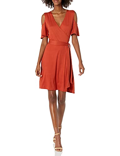 Photo 1 of XL - Star Vixen Women's Petite Cutout Cold Shoulder Short Sleeve Faux Wrap Dress, Rust, PXL
