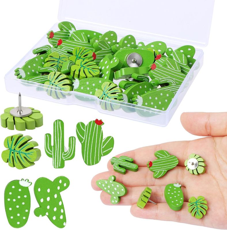 Photo 1 of 30 Pcs Cactus Push Pins, Wooden Cactus Plants Push Pins Decorative Cute Leaf Thumb Tacks Cork Board Thumbtacks for Bulletin Board Photos Wall Pins Office Decors Office Supplies with Box
