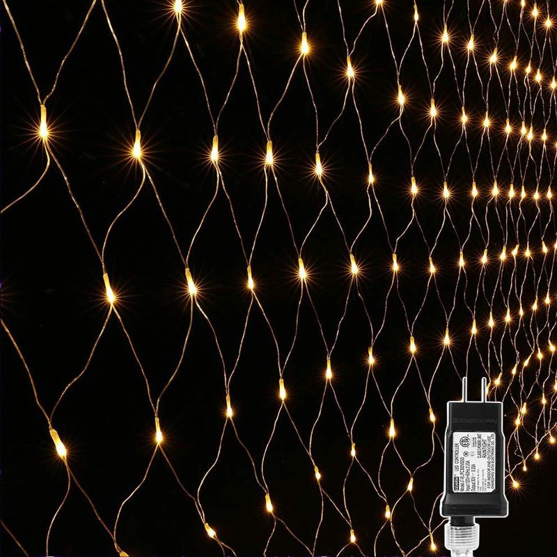Photo 1 of LYHOPE 12ft x 5ft 360 LED Christmas Net Lights, 8 Modes Low Voltage Mesh Christmas Decorative Lights for Xmas Trees, Bushes, Wedding, Garden, Outdoor, Indoor Decor (Warm White)
