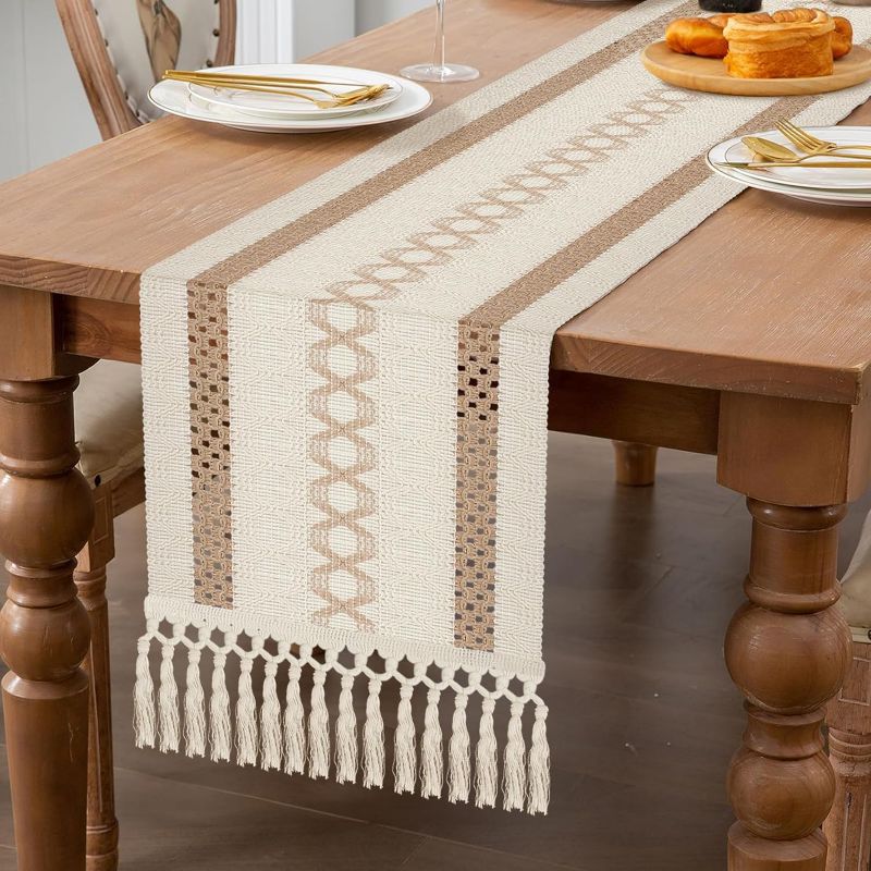 Photo 1 of 2 Pack Boho Table Runner, 12 x 72 Inch Natural Farmhouse Table Runner Macrame Cotton Dining Table Runner with Tassels for Bohemian Rustic Wedding Decor
