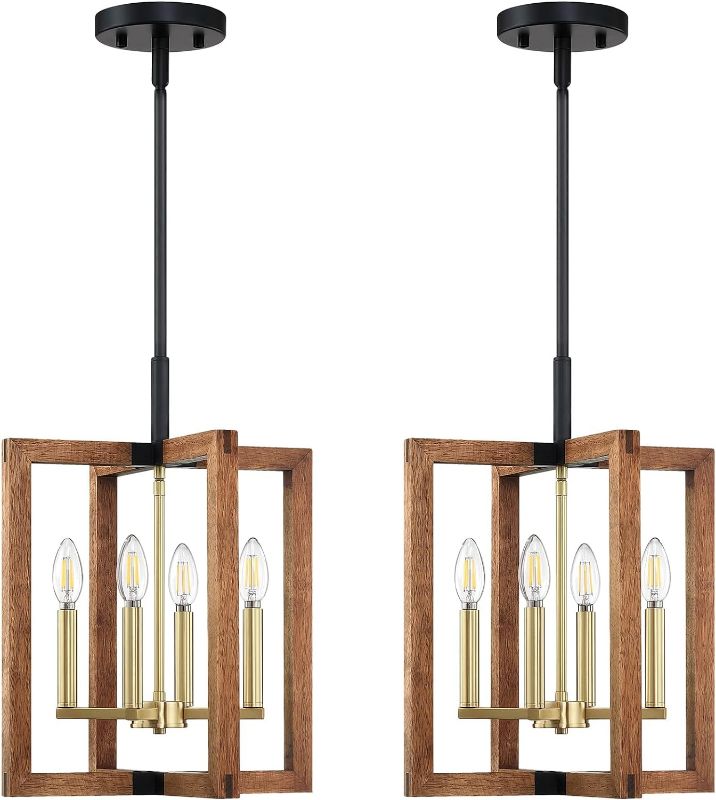 Photo 1 of Doraimi Lighting 4 Light 2 Pack Farmhouse Gold Natural Wood Hanging Ceiling Pendant Light Fixture,Rustic Kitchen Island Lighting with Black Metal Frame for Entryway Dinning Room Bedroom
