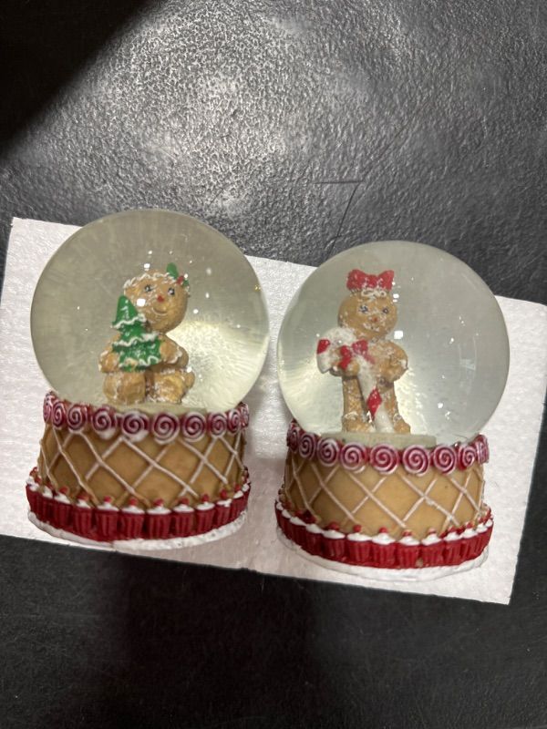 Photo 1 of S/2 Christmas Snow Globe, 100mm Water Globe?Musical Gingerbread Man and Caddy House Snow Globes Collectible Figurines, Crystal Christmas Water Globe Resin Home Decor Figurines, Snowglobes

