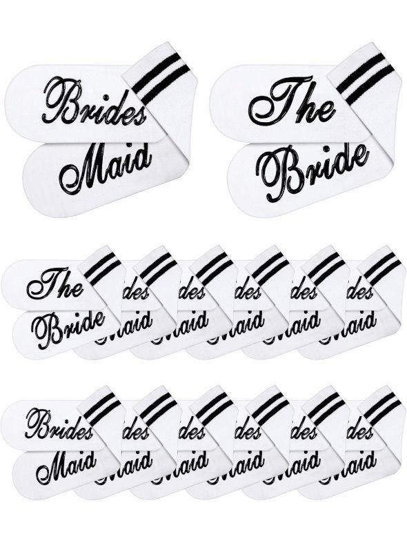 Photo 1 of 12 Pairs Bride Bridesmaid Socks White Cotton Bridesmaid Gifts Funny Novelty Bridal Sock Wedding Proposal Gift Socks for Women Bridal Shower Bachelorette Party Favors Decorations