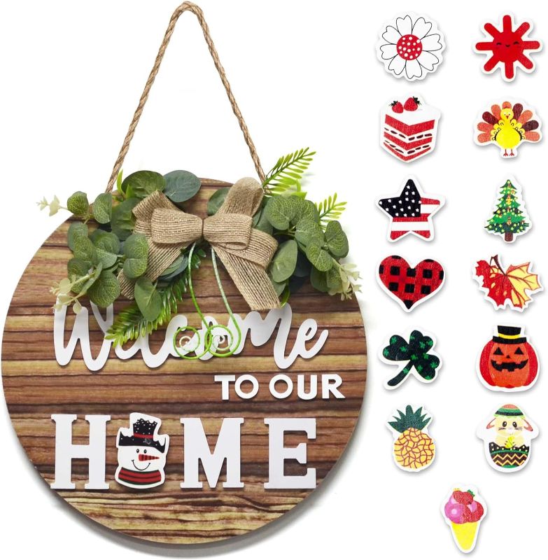 Photo 1 of Interchangeable Welcome Sign for Front Door with 14 Changeable Icons, Farmhouse Porch Decor for Spring Summer Fall All Seasons Holiday Halloween Christmas