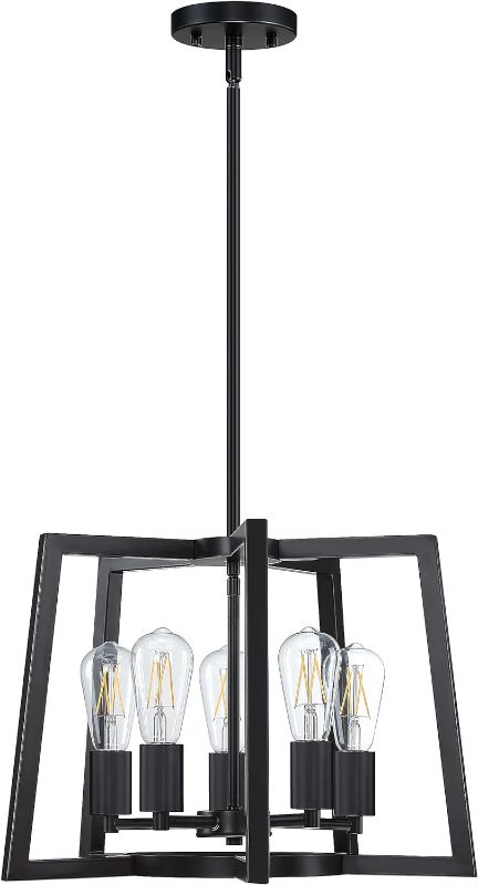Photo 1 of 5 Light Farmhouse Hanging Pendant Light Fixture Rustic Kitchen Island Chandelier Lighting with Black Metal Frame for Entryway Dinning Room Bedroom E26 Base 