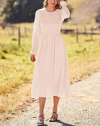 Photo 1 of dowerme Women Casual Petal Long Sleeve Crewneck Smocked A-Line Flowy Solid Maxi Dress Fall Winter Party Cocktail Dresses Size XL
