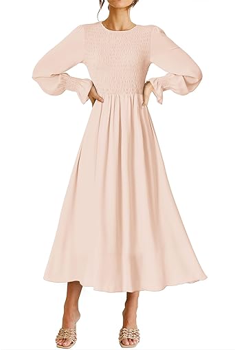 Photo 1 of dowerme Women Casual Petal Long Sleeve Crewneck Smocked A-Line Flowy Solid Maxi Dress Fall Winter Party Cocktail Dresses Size XL