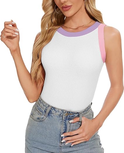 Photo 1 of Womens Tops for Summer Crew Neck Ribbed Tank Sleeveless Casual Tank top for Women Color Block Racerback Trendy Shirts Size L