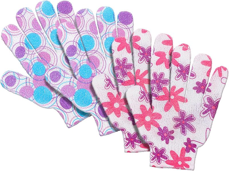 Photo 1 of FARMOGA Exfoliating Gloves Shower Loofah Body Scrubber African Exfoliating Net Glove Bathing Accessories Exfoliating Mitt for Women & Men (4Pcs-Bath Gloves-Flower)