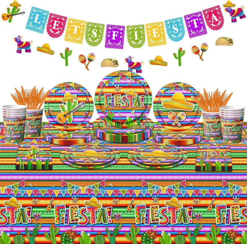 Photo 1 of Mexican Fiestas Tableware,143Pcs Cinco De Mayo Party Supplies Mexican Fiesta Dinnerware Set Mexican Themed Paper Plates Colorful Stripes Pinata Plates for Cosas Para Fiesta Baby Shower Supplies
