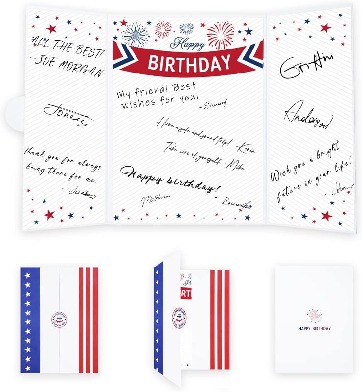 Photo 1 of Limited-time deal: Vlipoeasn Patriotic Happy Birthday Guest Book Alternative Signature Certificate, Red White and Blue Birthday Party Decorations for 10, 13, 16, 21, 30, 40, 50, Happy Birthday Gift for Boy, Girl, Women 