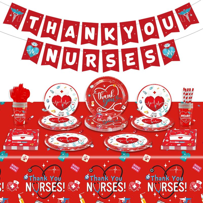 Photo 1 of Thank You Nurses Party Tableware Set - Serves 25 Nurse Appreciation Party Supplies, Disposable Plates, Tablecloth, Cups, Forks, Spoons, Knife, Napkins, Straws Dinnerware Utensils for Graduation Party 