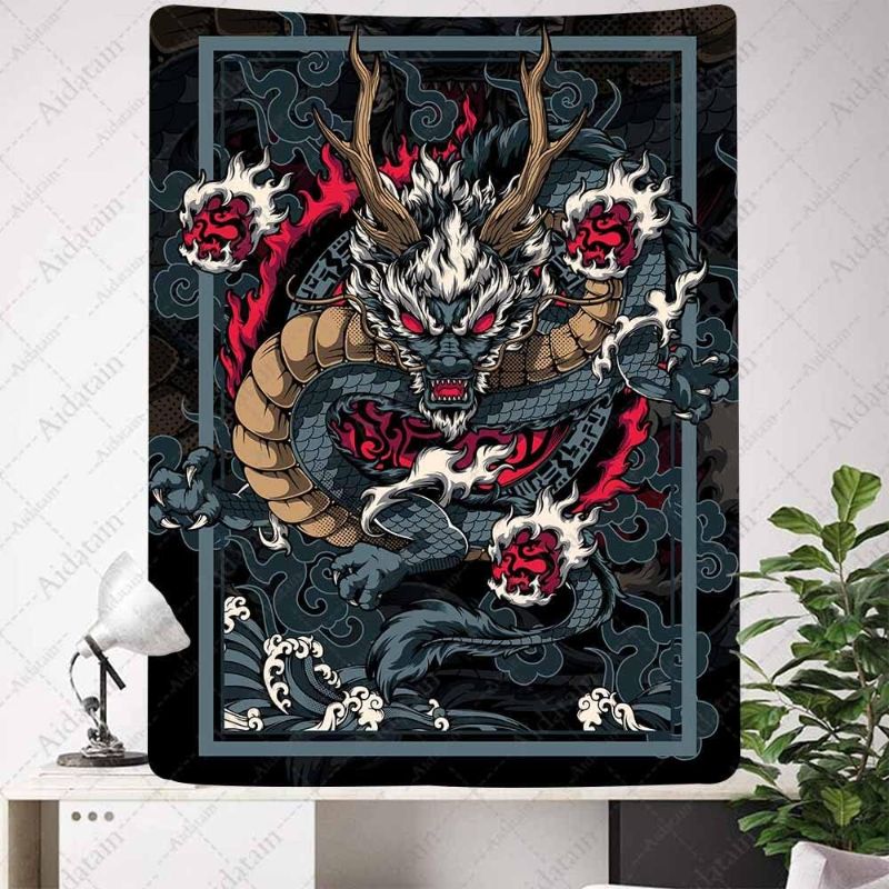 Photo 1 of Aidatain Dragon Tapestry Wall Hanging,Asian Japanese Anime Black Dragon Tapestry and Great Wave Poster Wall Blanket Flannel Fabric 60"x80" for Living Room Bedroom Dorm GTYYAT059