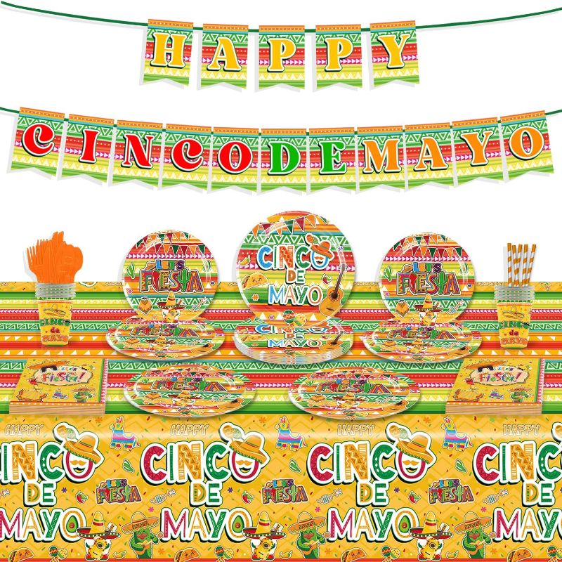 Photo 1 of Cinco de Mayo Party Tableware Set - Serves 25 Mexican Party Supplies, Disposable Plates, Tablecloth, Cups, Forks, Spoons, Knife, Napkins, Straws Dinnerware Utensils for Mexico Party 