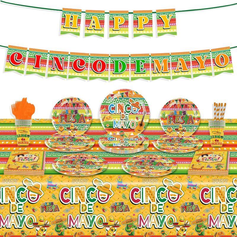 Photo 1 of Cinco de Mayo Party Tableware Set - Serves 25 Mexican Party Supplies, Disposable Plates, Tablecloth, Cups, Forks, Spoons, Knife, Napkins, Straws Dinnerware Utensils for Mexico Party 