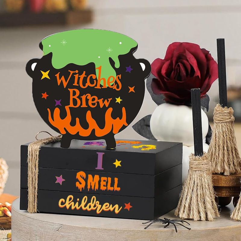 Photo 1 of Hocus Pocus Halloween Decorations - Witches Brew Tiered Tray Decor - I Smell Childen Faux Decorative Book Stack with jute rope - Farmhouse Rustic Table Decorations for Home Party Supplies 