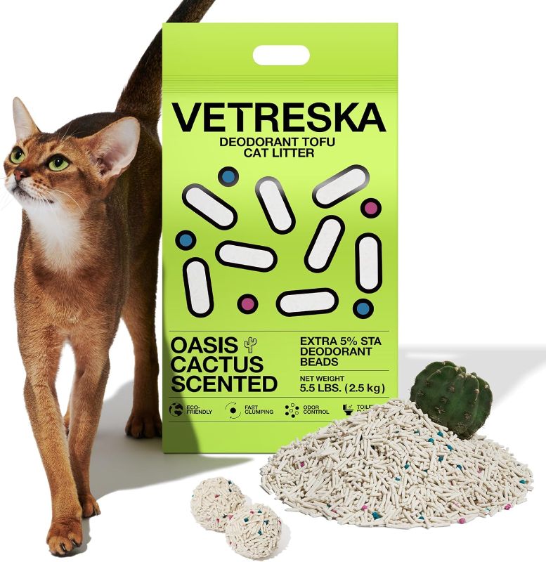 Photo 1 of VETRESKA Tofu Cat Litter, Strong Clumping Kitty Litter Flushable Cat Litter, Water Absorbent Tofu Litter, Dust Free Low Tracking Cat Litter, Cactus (5.5lb x 1bag) 