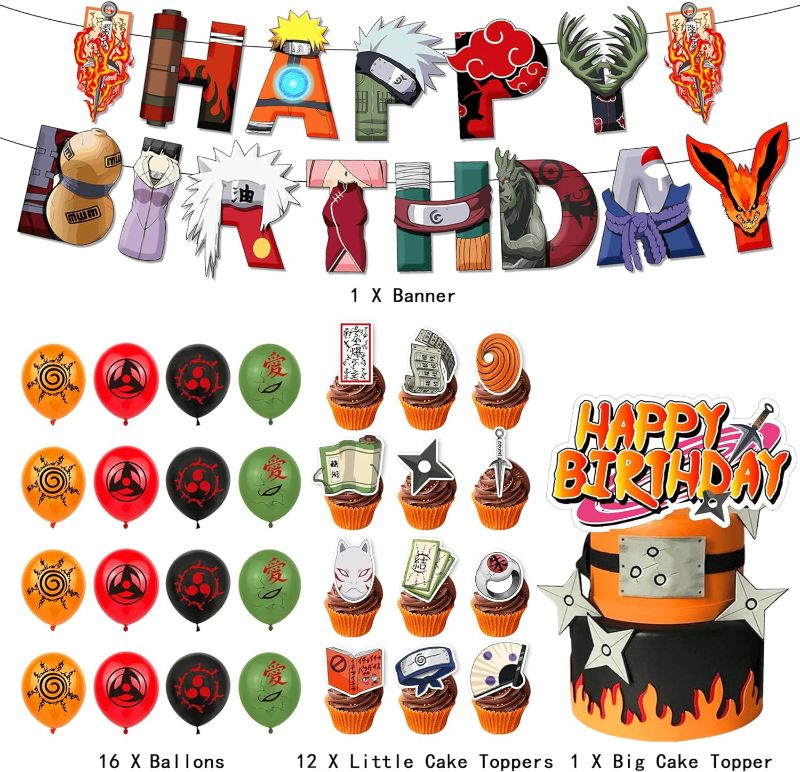 Photo 1 of Naruto Anime Birthday Party Supplies for Naruto, Anime Party Decorations Includes Cake Topper, Cupcake Toppers, Happy Birthday Banner, Balloons
