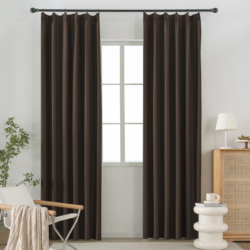 Photo 1 of JADE POKE 2 Panels Brown Blackout Pinch Pleated Curtains - Thermal Insulated Energy Saving Solid Window Curtain Panel for Cafe Nursery Office, Each is 100CMx135CM