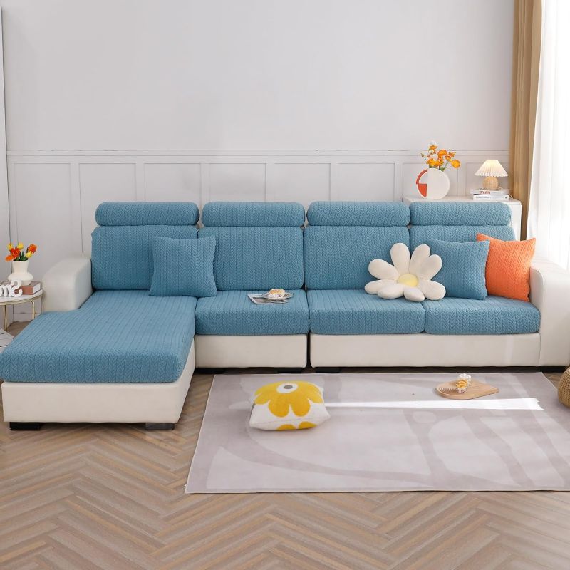 Photo 1 of cjc 2023 New Universal Sofa Cover, Wear-Resistant High Stretch Couch Cushion Slipcovers, Anti-Slip L Shape Sofa Covers - Tear Stain Resistant Sofa Protector (Light Blue, Large Double Seat Cover) 