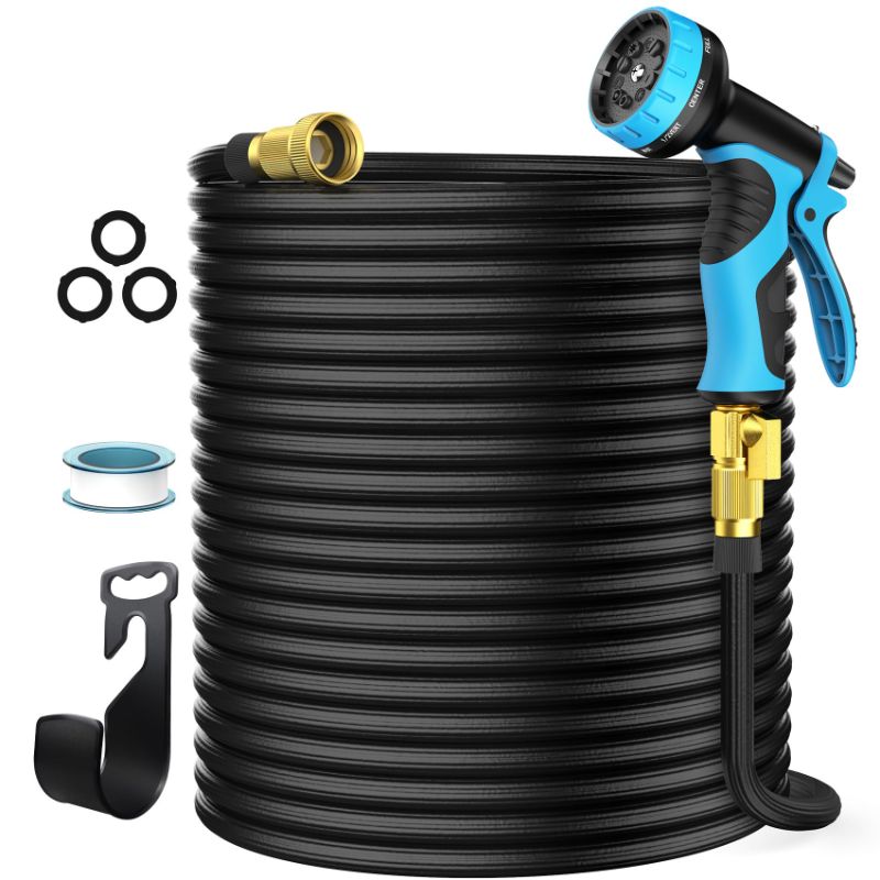 Photo 1 of Homeve 100 Ft New Expandable Garden Hose with 10-Function Spray Nozzle, No-Kink Lightweight Flexible, 5 Layers Durable Nano Rubber latex High Elastic Leakproof Hose, 3/4 Solid Brass Fittings Connector