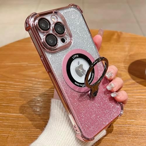 Photo 1 of Topzunbao for iPhone 15 Pro Glitter Case Compatible with MagSafe,360°Rotating Ring Stand Military Grade Protection Shockproof Hard Case with Camera Lens Protector for iPhone 15 Pro 6.1 inch-Pink