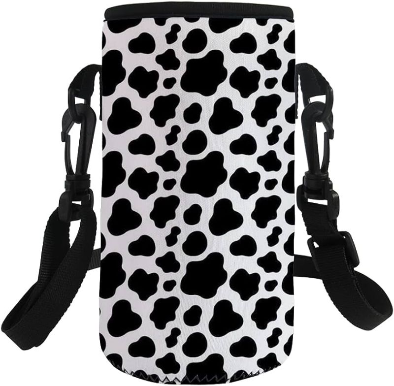 Photo 1 of Lotusorchid Cow Print Water Bottle Carrier with Strap, Women Men Water Bottle Case Bag Insulated Bottle Pouch Holder, Sports Water Bottle Holder Bag Case for Walking Jogging, Black and White