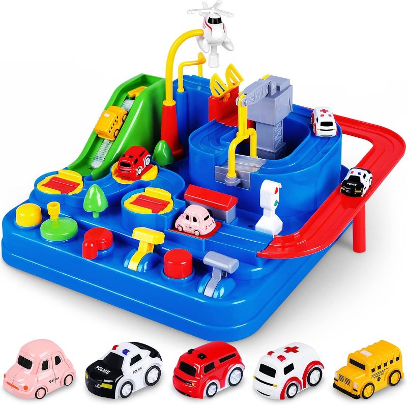 Photo 1 of YEZI Car Adventure Toys for Kids, City Rescue Playsets Magnet Toys w/ 5 Mini Cars, Puzzle Rail Car, Preschool Educational Car Games Gift for 3 4 5 6 7 Year Old Boys Girls