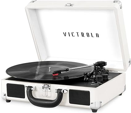Photo 1 of Victrola Vintage 3-Speed Bluetooth Portable Suitcase Record Player with Built-in Speakers | Upgraded Turntable Audio Sound | White White/Silver Record Player