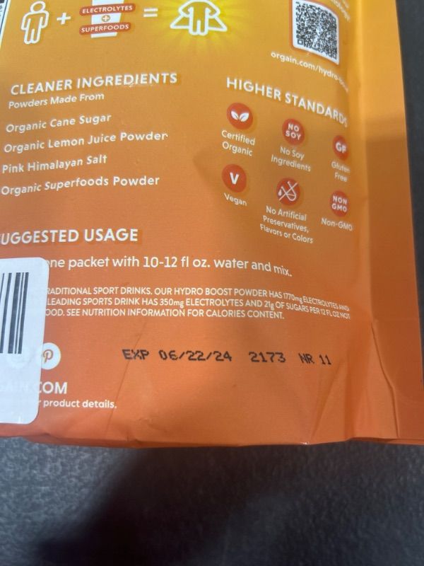 Photo 2 of Orgain Organic Hydration Packets, Electrolytes Powder - Orange Tangerine Hydro Boost with Superfoods, Vegan, Gluten-Free, No Soy Ingredients, Non-GMO, Less Sugar than Sports Drinks, 16 Count Orange Tangerine 16 Pack