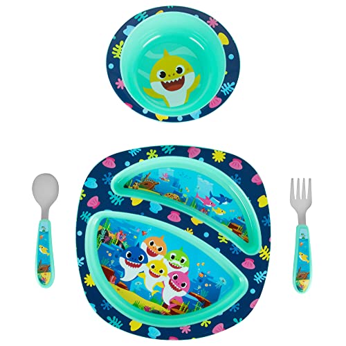 Photo 1 of Baby Shark 4-Piece Toddler Mealtime Feeding Set with Dishwasher Safe Bowl, Plate, Fork & Spoon

