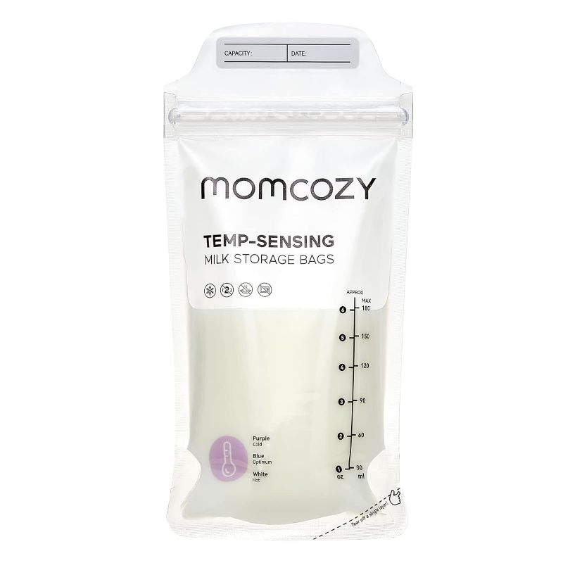 Photo 1 of Momcozy Breastmilk Storing Bags, Temp-Sensing Discoloration Milk Storing Bags for Breastfeeding, Disposable Milk Storage Bag with 6 Ounce Self Standing, No-Leak Milk Freezer Storage Pouches, 120pcs 