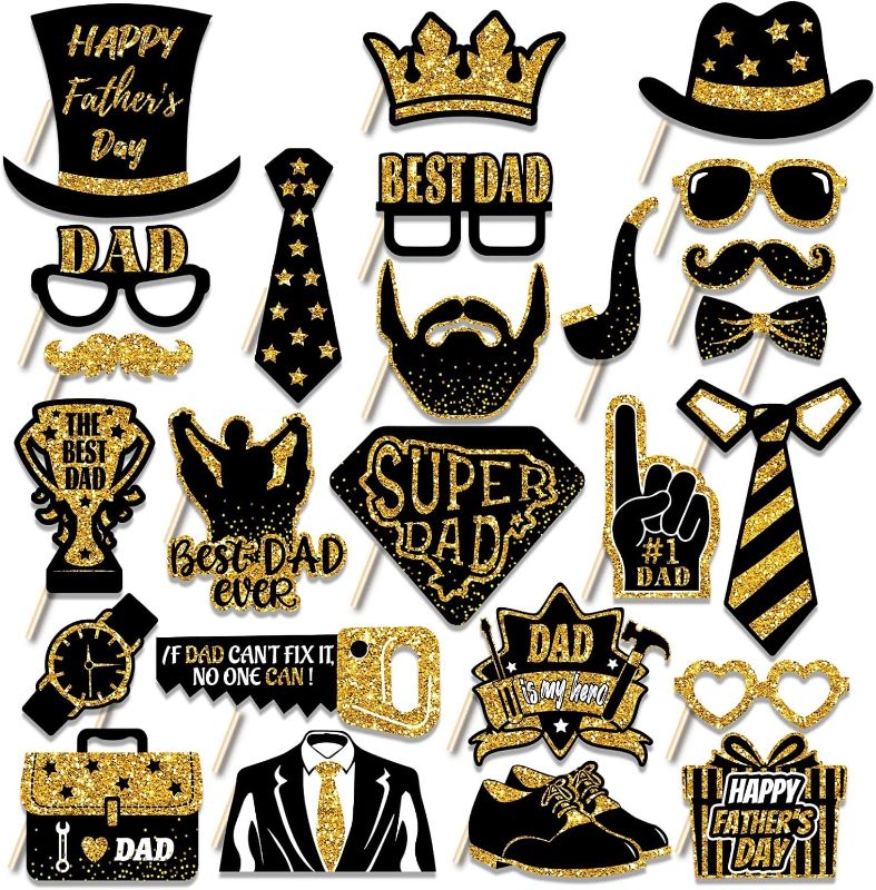 Photo 1 of Generic 25 Pieces Father's Day Photo Booth Props Black Gold Happy Father's Day Photo Booth Props for Father's Day Birthday Party Decoration Supplies 