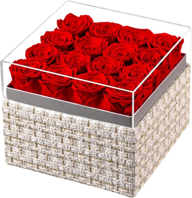 Photo 1 of Eterfield Forever Flowers Preserved Flowers for Delivery Prime Real Roses That Last Over a Year Gifts for Her Mothers Day Valentines Day (Square Gold White Plaid Box, 16 Red Roses) 
