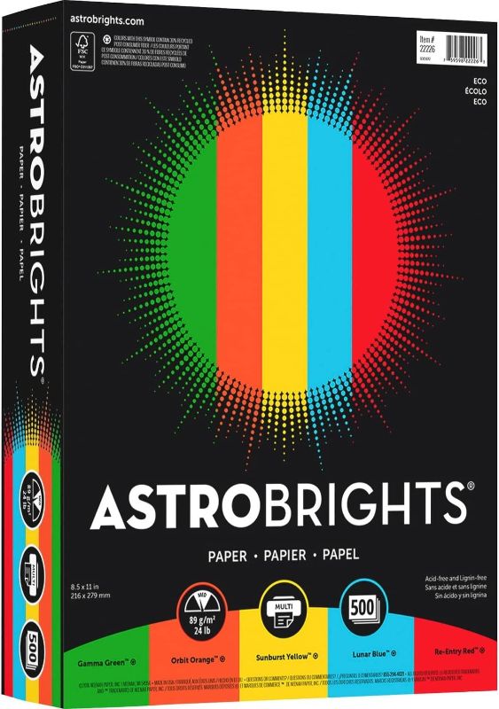 Photo 1 of Neenah Astrobrights Color Paper, 8.5" x 11", 24 lb/89 gsm,"Eco" 5-Color Assortment, 500 Sheets (22226), Assorted
